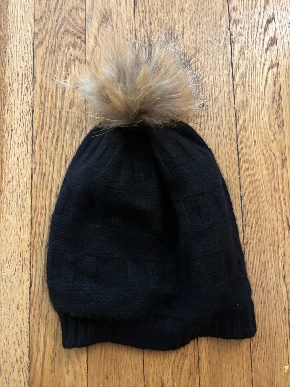 Autumn Cashmere Black Knit Beanie with Tan Fur Pom